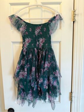Zhenzi Girls Teal Green Floral Off-Shoulder Party Dress Size 8